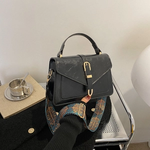 Women's Vintage PU Leather Small Square Bag Retro Simple Shoulder Crossbody Bag With Patterned Wide Strap Elegant Top Handle Commuter Handbag