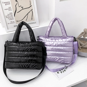 Women's Shiny Quilted Padded Crossbody Bag Puffy Nylon Tote Handbag With Detachable Shoulder Strap For Casual Daily Use