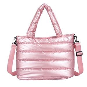 Pink metallic quilted puffer tote bag with top handles and adjustable shoulder strap