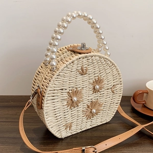 Sac en Paille Tissé Rond pour Femme Avec Poignée en Künstliche Perle Décor de Fleurs Fait Main Sac à Bandoulière Plage Été