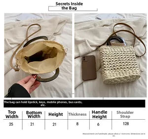 Detailed size chart for straw handbag showing width, height and handle dimensions