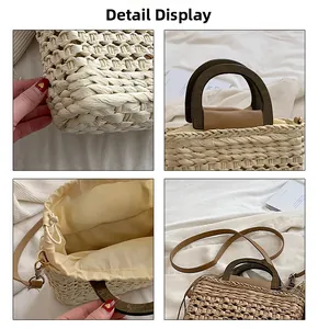 Detail view of woven straw bag featuring round wooden handles and secure drawstring closure