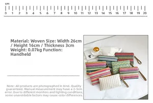 Detail of colorful woven bohemian clutch bag showing texture and 26x16x3cm size