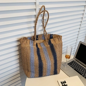 Borsa Tote in Paglia Intrecciata da Donna in Corda di Carta a Righe Borsa a Spalla con Frange Grande Capacità Casual Spiaggia Estate