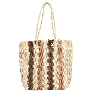 Borsa tote in paglia a righe verticali con frange in rafia e spalline lunghe in paglia