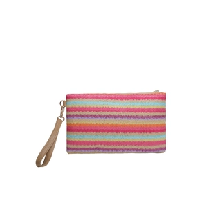 Rainbow striped woven clutch bag with colorful patterns and leather wristlet strap