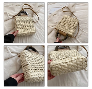 Detailed views of a straw woven handbag featuring wooden handles and drawstring closure