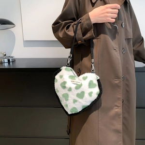 Cute heart-shaped faux fur shoulder bag with white and green plush patterns for women