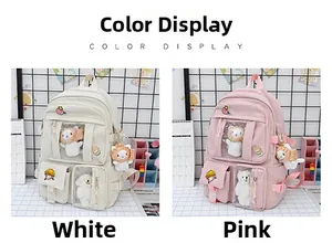 Student backpack with clear display pocket shown in cream white and pink colors