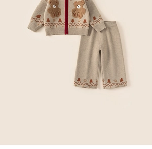 Detail view of beige knit toddler set with cute bear patches and winter patterns