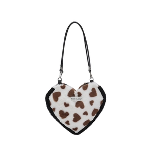 White faux fur heart-shaped shoulder bag with leopard heart print and leather strap