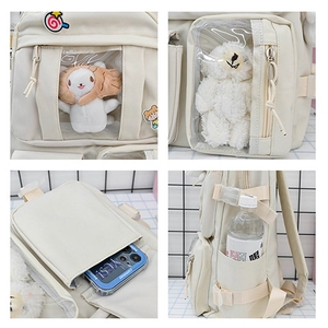 Detail view of off-white ita bag with transparent DIY windows and side pockets for storage
