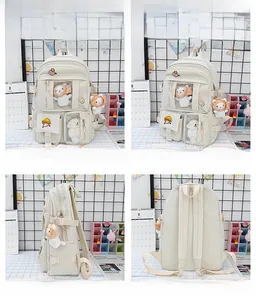 Detailed four-way view of a cream-white Japanese ita bag with transparent PVC pockets