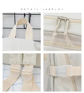 Detailed views of beige nylon backpack showing reinforced handle and two-way zipper closure