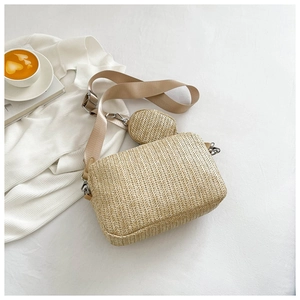 Straw woven crossbody bag with wide shoulder strap and matching round coin purse