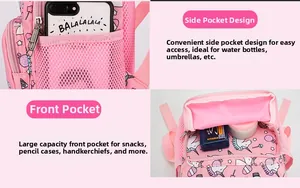 Details des pinkfarbenen Einhorn-Rucksacks mit Seitennetztasche und vorderem Fach