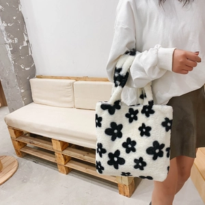 Grand Sac Cabas en Peluche à Fleurs pour Femmes Sac à Épaule en Fausse Fourrure Souple Style Coréen Vintage à Motif Floral
