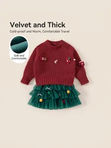 Girls Christmas Knitted Sweater Tiered Tulle Skirt Outfit Red Green Holiday Fleece Lined Thickened Warm Clothes For Kids