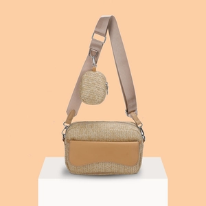 Women Woven Crossbody Bag Set Cotton Linen Shoulder Bag With Small Round Pouch Adjustable Wide Strap Casual Messenger Bag