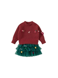 Christmas themed two-piece set with red knit sweater and green tiered mesh tutu skirt for girls