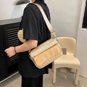 Straw woven crossbody bag set with rectangular main bag and round coin purse for women