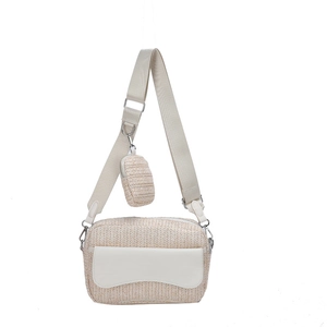 Woven straw crossbody camera bag set with white faux leather flap and wide strap