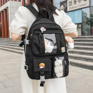 Black Japanese style ita bag backpack with transparent windows and cute plush charms