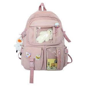 Pink Japanese Harajuku school backpack with transparent window pocket and cute plush duck charm