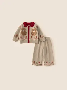 Girls Winter Knit Outfit Sweater Cardigan And Pants Children's Clothing With Teddy Bear Christmas Tree Pattern Top Pants