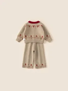 Kids oatmeal knit sweater and wide leg pants set with red festive holiday patterns