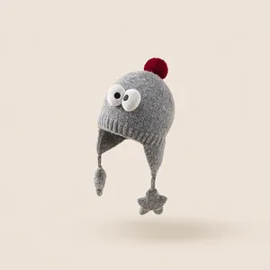 Kids Winter Warm Knit Hat Polyester Jacquard Cartoon Big Eyes Red Pompom Star Charms Earflap Hat For Boys Girls Toddler