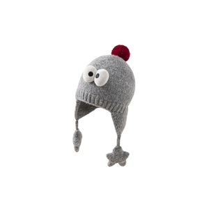 Grey knitted baby winter hat with red pompom, cute cartoon eyes and star pendants