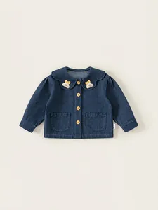 Mädchen Süße Jeansjacke Peter Pan Kragen Baumwollmischung Bär Stickerei Einreihig Langarm Lässige Oberbekleidung Mantel