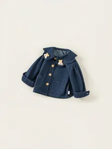 Dunkelblaue Jeansjacke für Mädchen mit süßem Bärenkragen und gelben Knöpfen