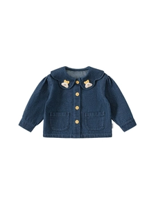 Dunkelblaue Jeansjacke für Mädchen mit Bubikragen und Cartoon-Wolken-Patches