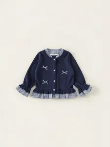 Toddler Girls Sweet Navy Blue Knit Jacket Top With Bow-knot Grid Stitching Ruffle Hem Fake Two-piece Long Sleeve Cardigan