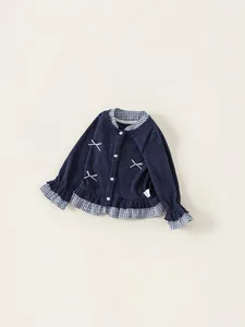 Dark blue knit cardigan for girls with plaid patchwork design and cute bow accents