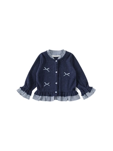 Girls' navy blue knit cardigan with bow accents and blue-white plaid trim details