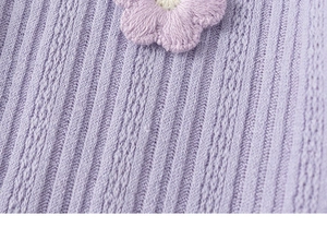 Detailed close-up of lavender purple knit cardigan with 3D floral crochet embroidery