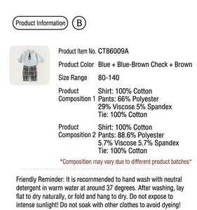Detailed size and material chart for boys formal cotton shirt and plaid trousers set