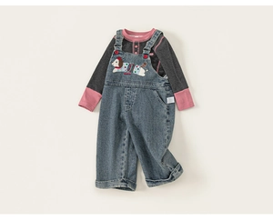 Detail of baby set showing embroidered cartoon dog on blue denim overalls and cotton shirt