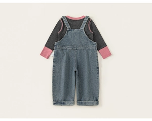 Rear view of flat-laid kids denim overalls with a contrast grey long-sleeve cotton T-shirt