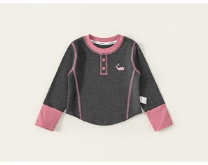 Close-up of grey long-sleeve kids T-shirt with pink henley neck and dog embroidery