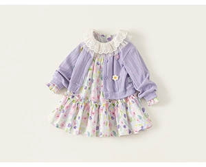 Detail of baby girl floral dress set with lavender knit cardigan and lace collar