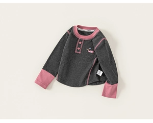 Close-up of kids grey long sleeve tee with pink rib-knit collar and dog embroidery