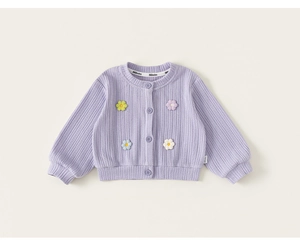 Close-up of girls' purple knit cardigan with colorful 3D flower patches and ribbed texture