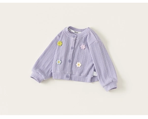 Detailed view of purple knitted cardigan with colorful 3D flower patches and soft texture