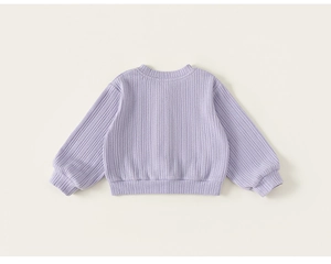 Detail view of the back of a light purple knitted sweater with soft ribbed texture