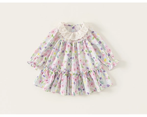 Detailed view of the hollow lace ruffle collar on a floral long-sleeved toddler dress