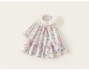 Detail view of girls floral dress featuring lace collar and soft cotton fabric texture